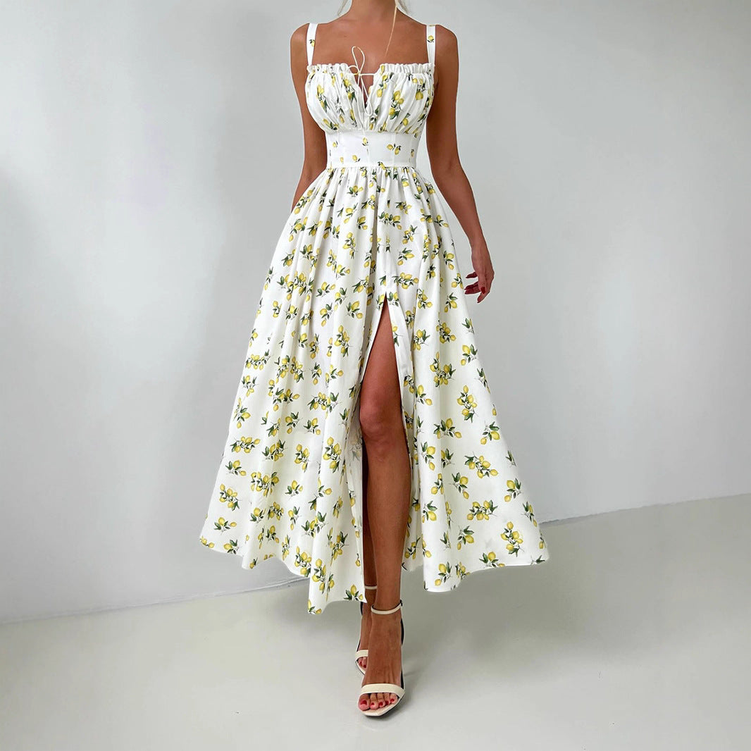 Printed Tie-Strap Maxi Dress with Side Slit in Lemon Print — front view on model