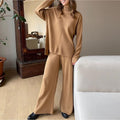 Mock Neck Knit Top and Wide-Leg Pants Set in Camel — front view on model or garment