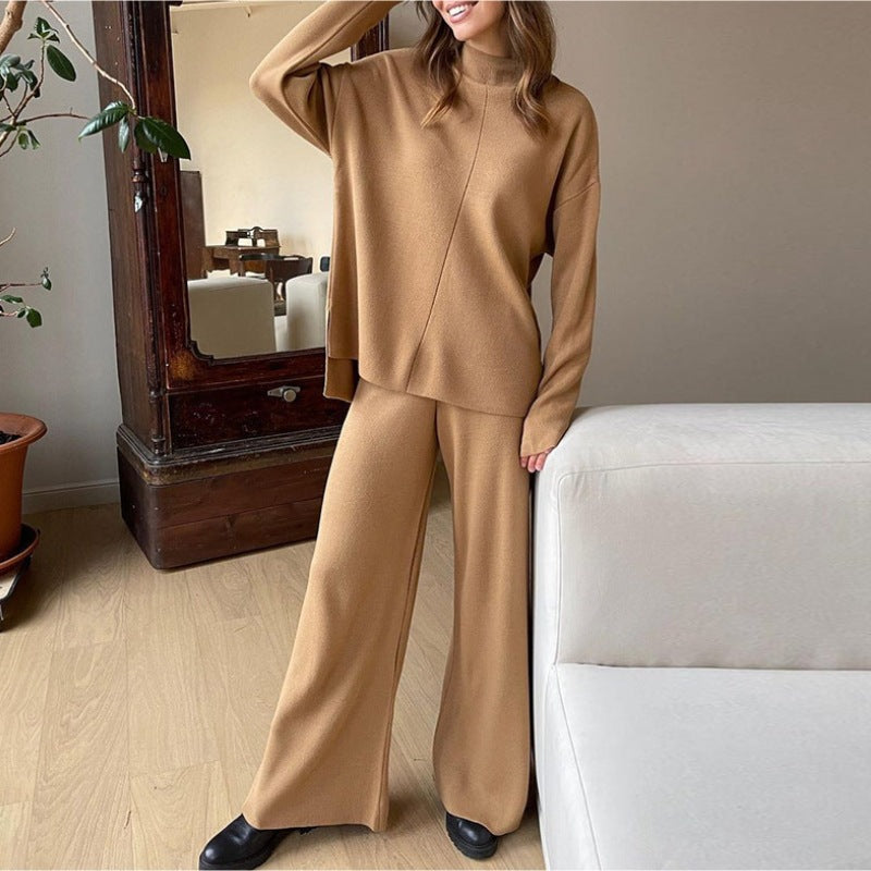 Mock Neck Knit Top and Wide-Leg Pants Set in Camel — front view on model or garment
