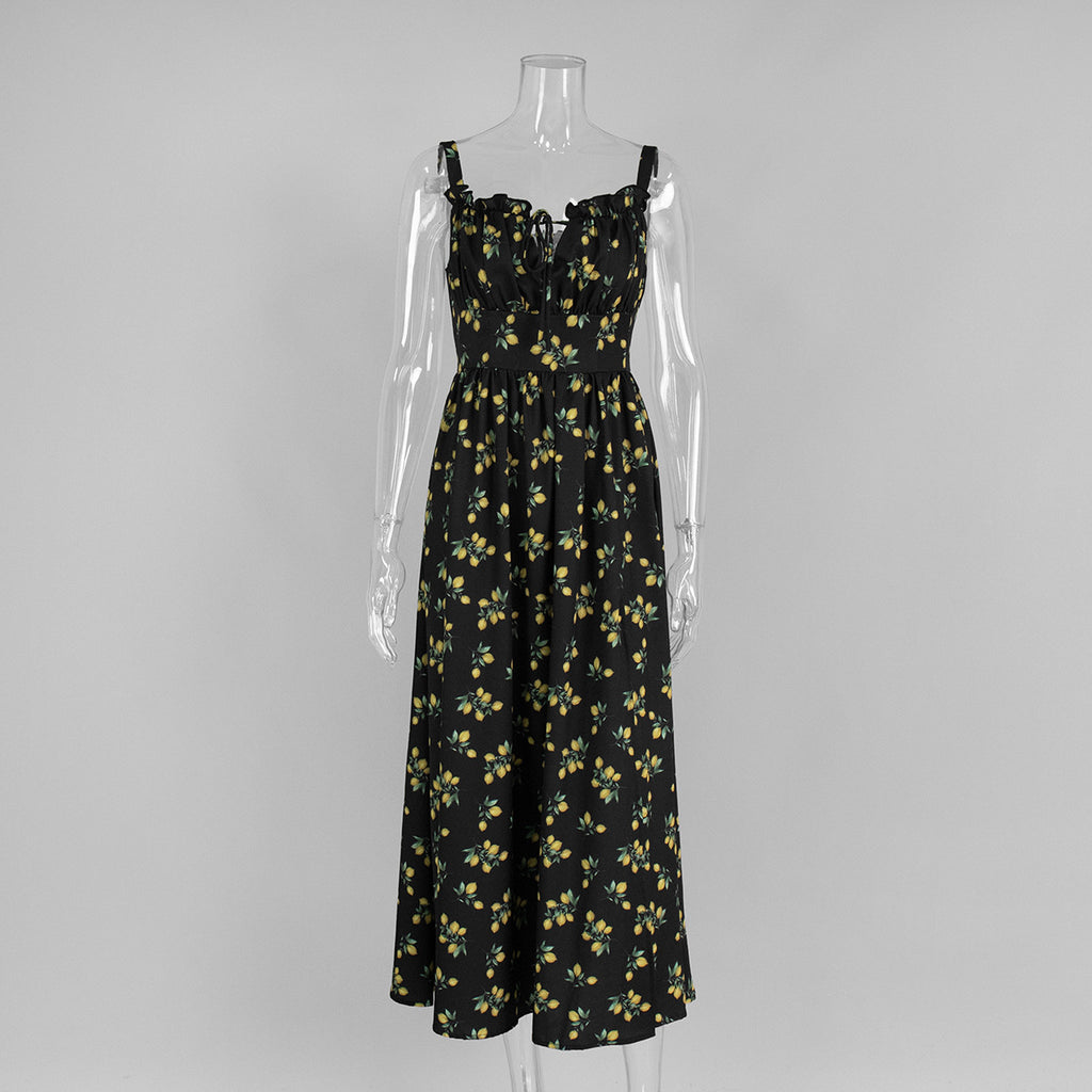 Printed Tie-Strap Maxi Dress with Side Slit in Black Floral — front view on mannequin