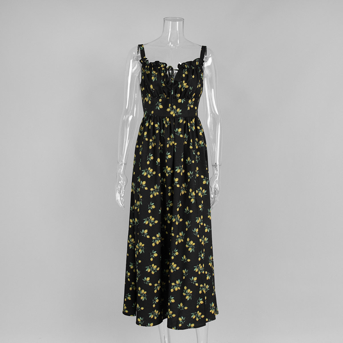 Printed Tie-Strap Maxi Dress with Side Slit in Black Floral — front view on mannequin