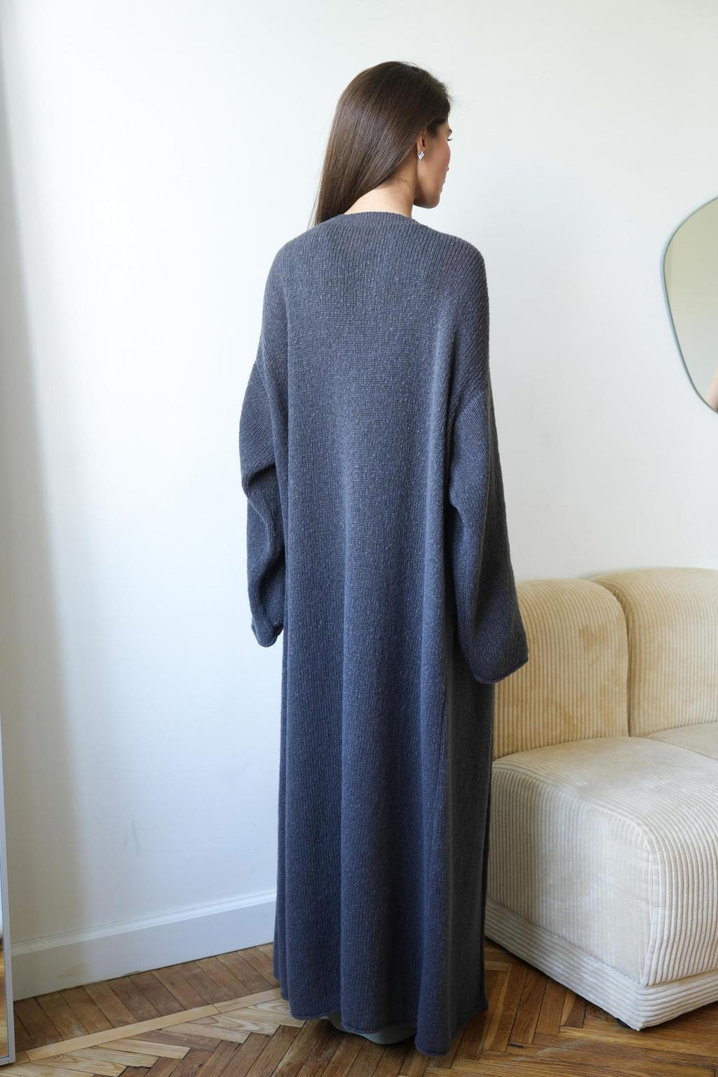 Long Open-Front Mohair-Blend Cardigan in Charcoal — back view on model