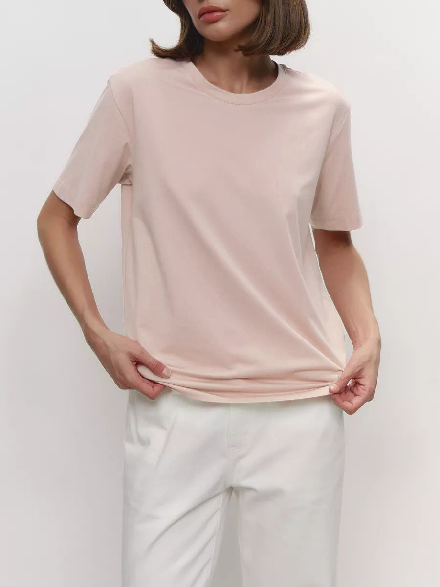 Everyday Cotton Short Sleeve Crew Tee in Peach Pink — front view on model