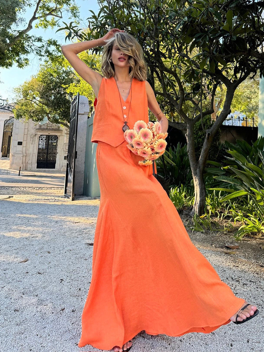 Linen Vest & Maxi Skirt Set in Orange — on model