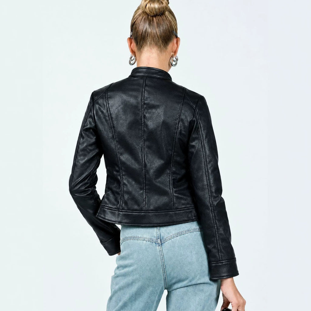 Fitted Faux Leather Moto Jacket with Stand Collar in Black — back view on model