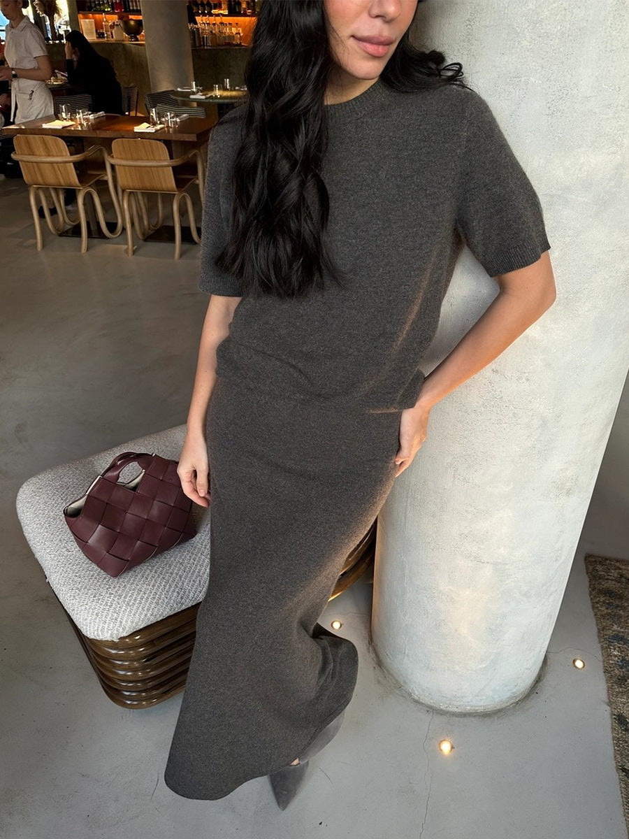 Short Sleeve Knit Top & Maxi Skirt Set in Charcoal — set worn on model