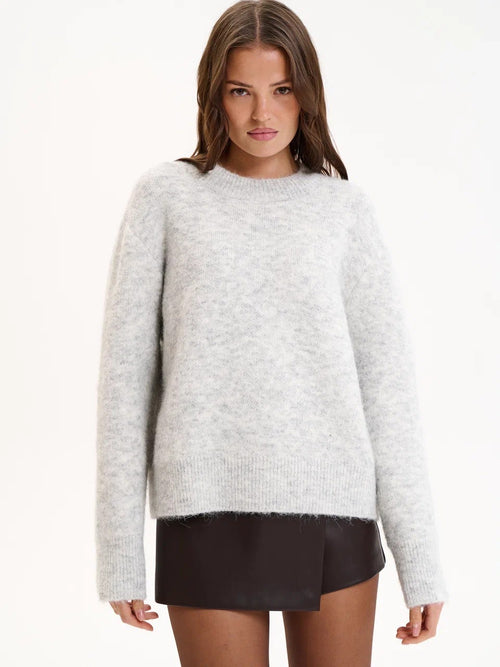 Brushed Fuzzy Knit Crew Neck Sweater in Heather Gray — front view on model