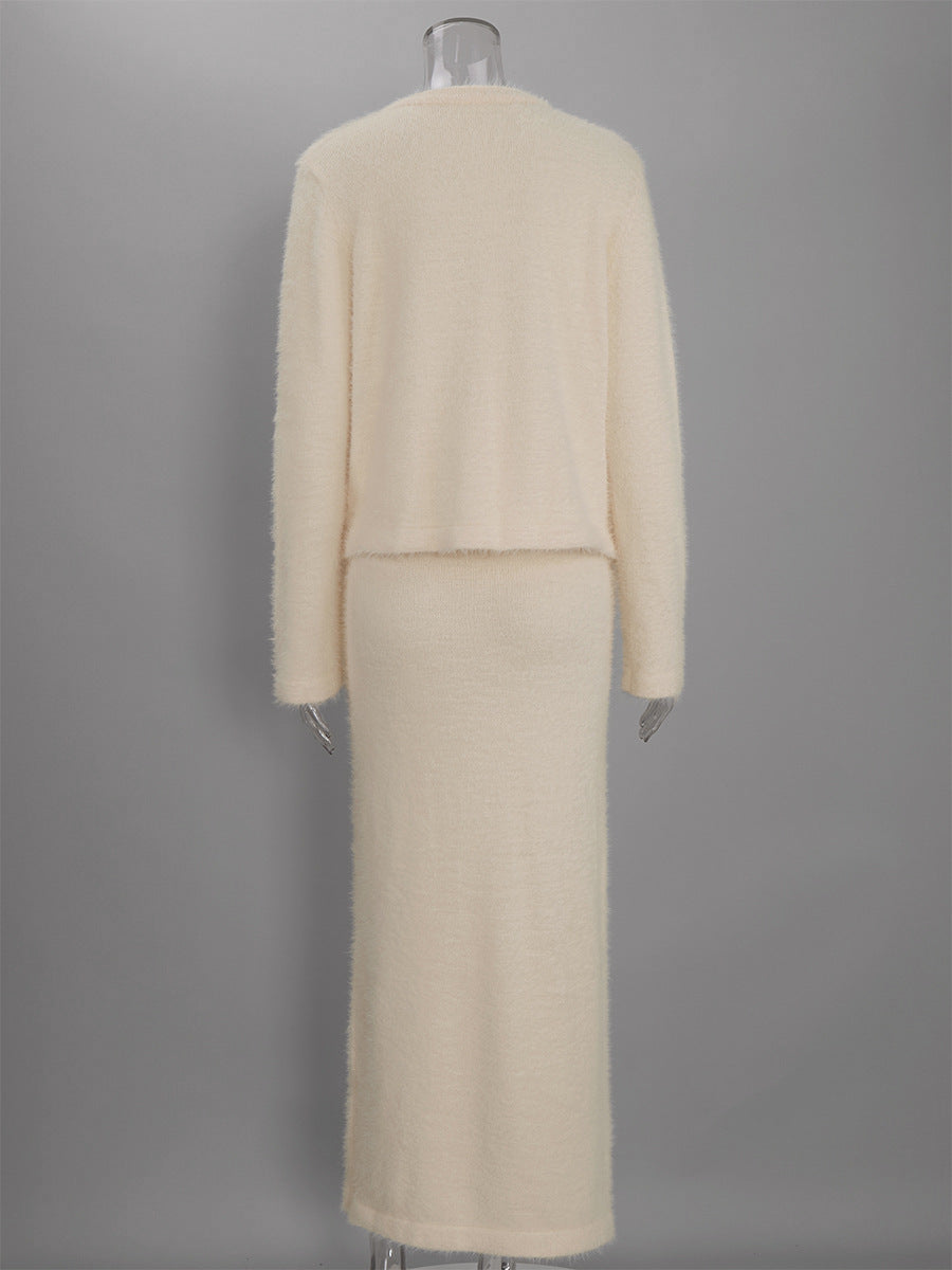 Fuzzy Knit Button Cardigan & Maxi Skirt Set in Cream — set on mannequin, back view