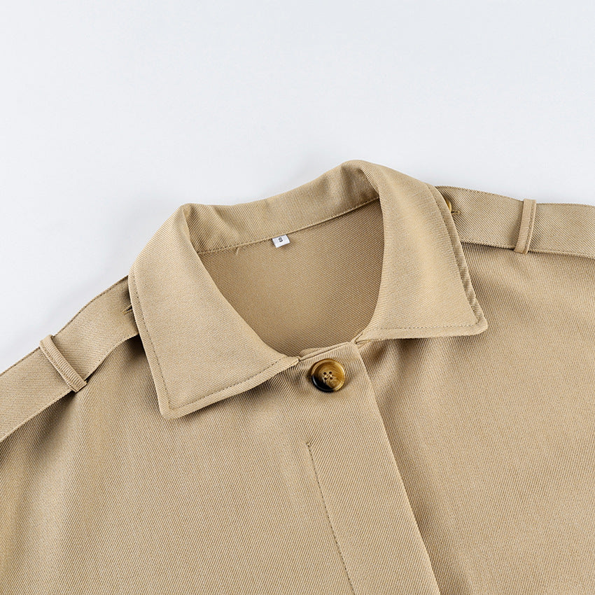 Belted Twill Utility Jacket with Epaulettes in Tan — close-up of the collar and epaulettes