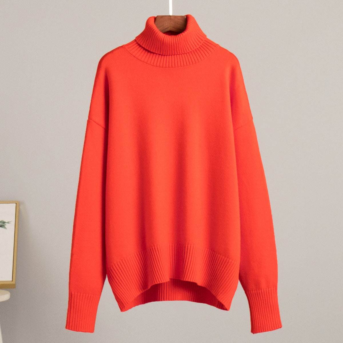 Oversized Knit Turtleneck Sweater in Tomato Red — front view