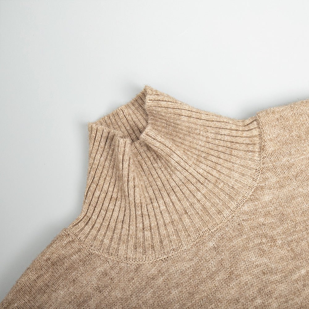 Oversized Turtleneck Sweater & Wide-Leg Knit Pants Set in Camel — close-up of the ribbed turtleneck