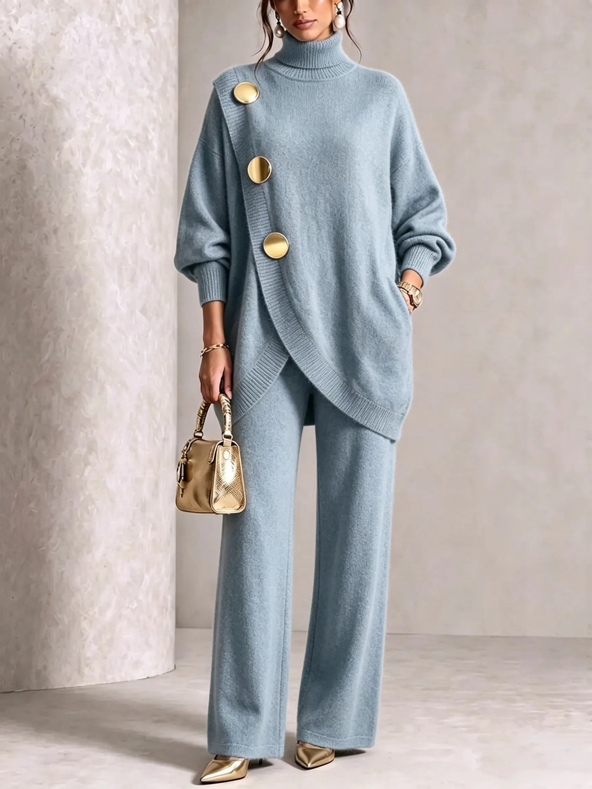 Asymmetric Turtleneck Sweater & Wide-Leg Knit Pants Set in Light Blue — full-length view on model
