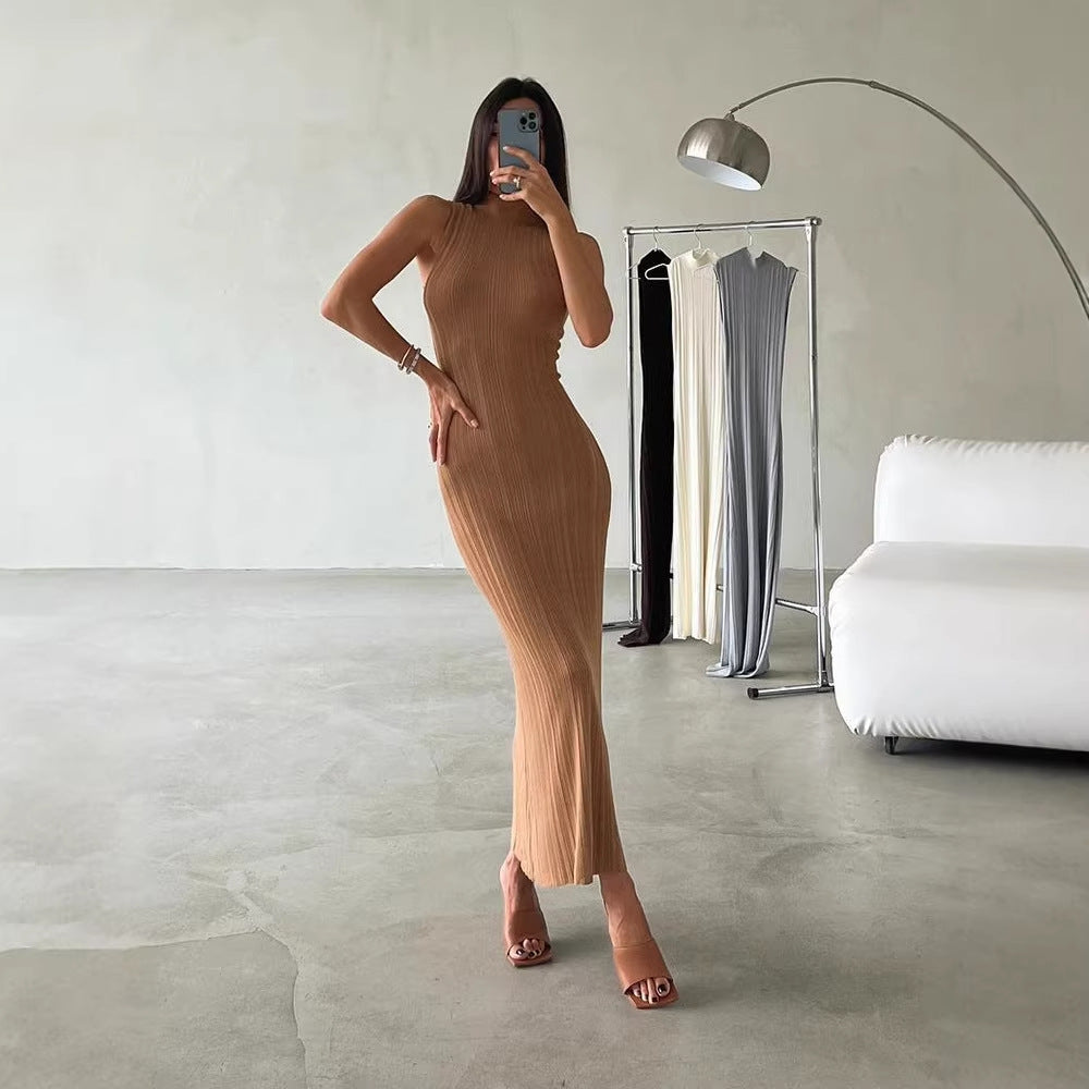 Ribbed Sleeveless Mock-Neck Maxi Dress in Camel — full-length view on model