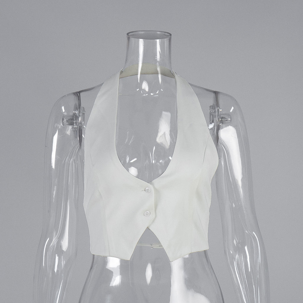 Open-Back Halter Crop Vest in White — front view on mannequin