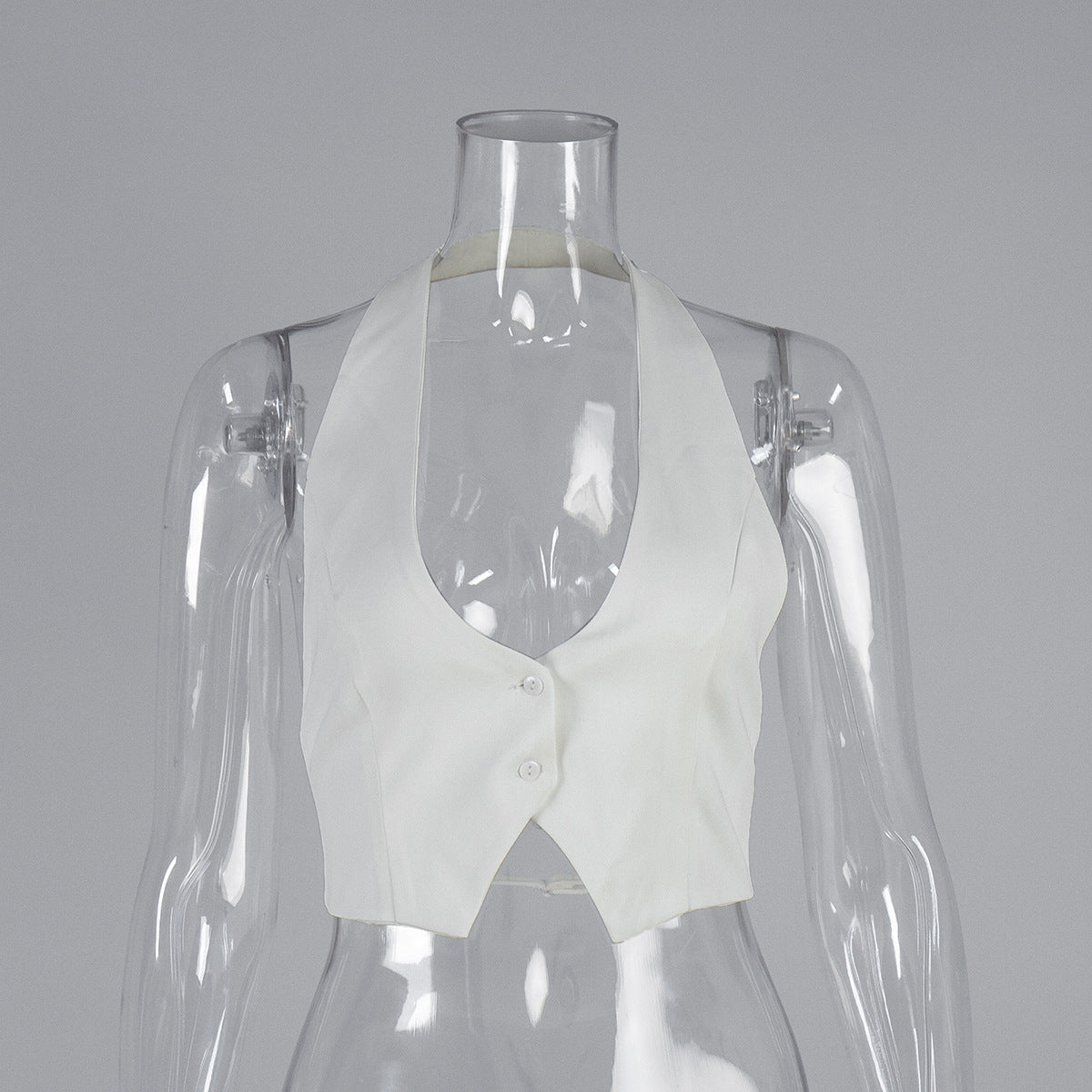 Open-Back Halter Crop Vest in White — front view on mannequin