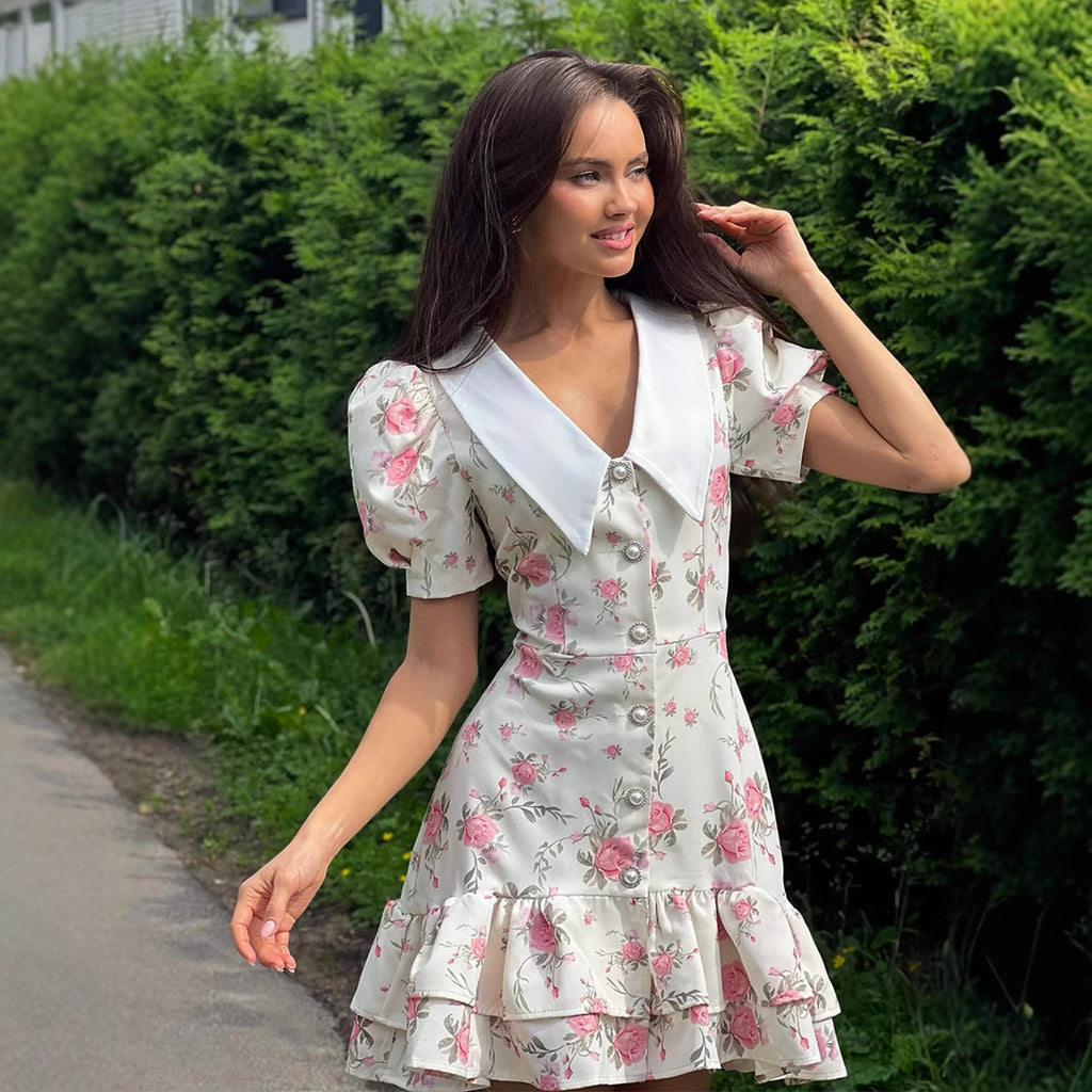 Floral Puff-Sleeve Mini Dress with Contrast Collar in Cream Floral — on model outdoors