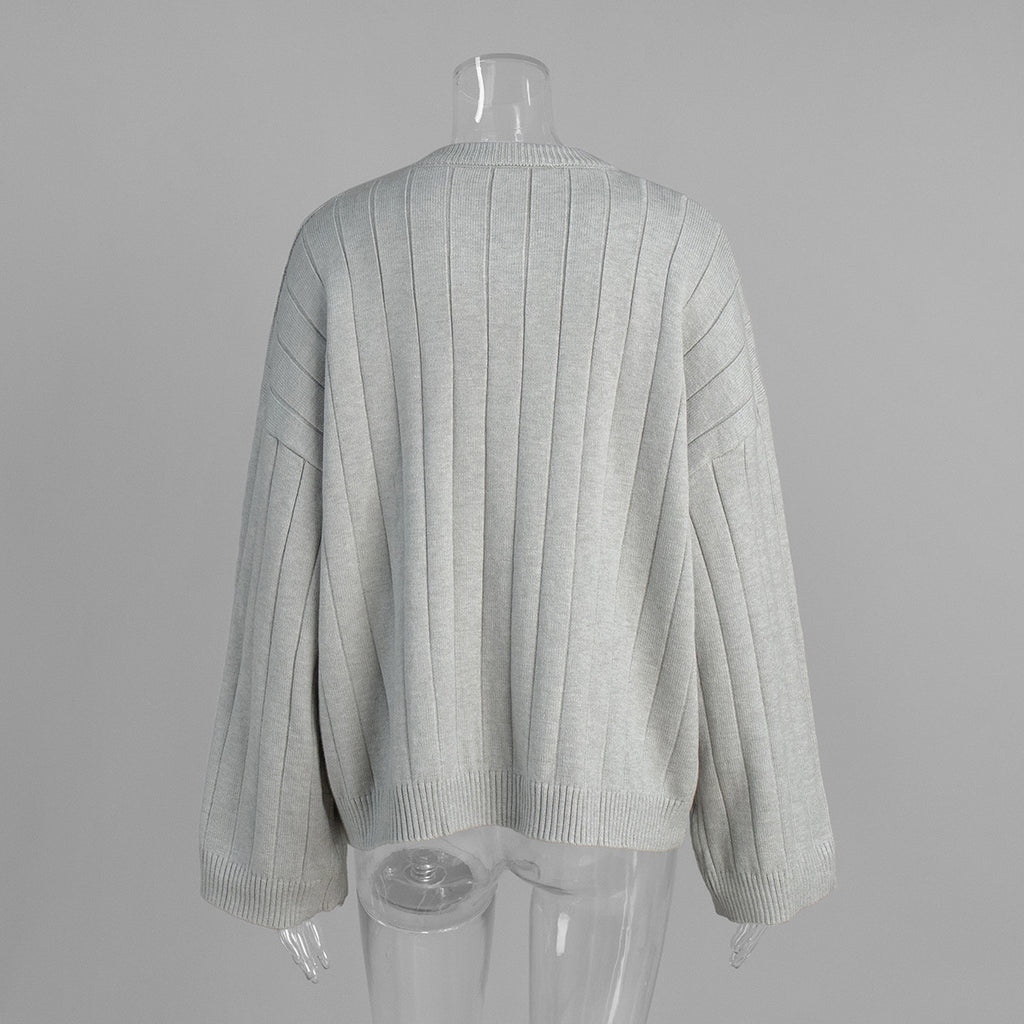 Oversized Wide-Rib Crew Neck Button Cardigan in Light Gray — cardigan back view