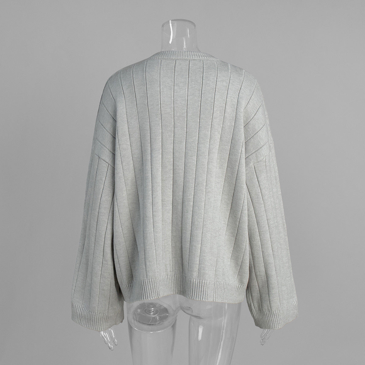 Oversized Wide-Rib Crew Neck Button Cardigan in Light Gray — cardigan back view