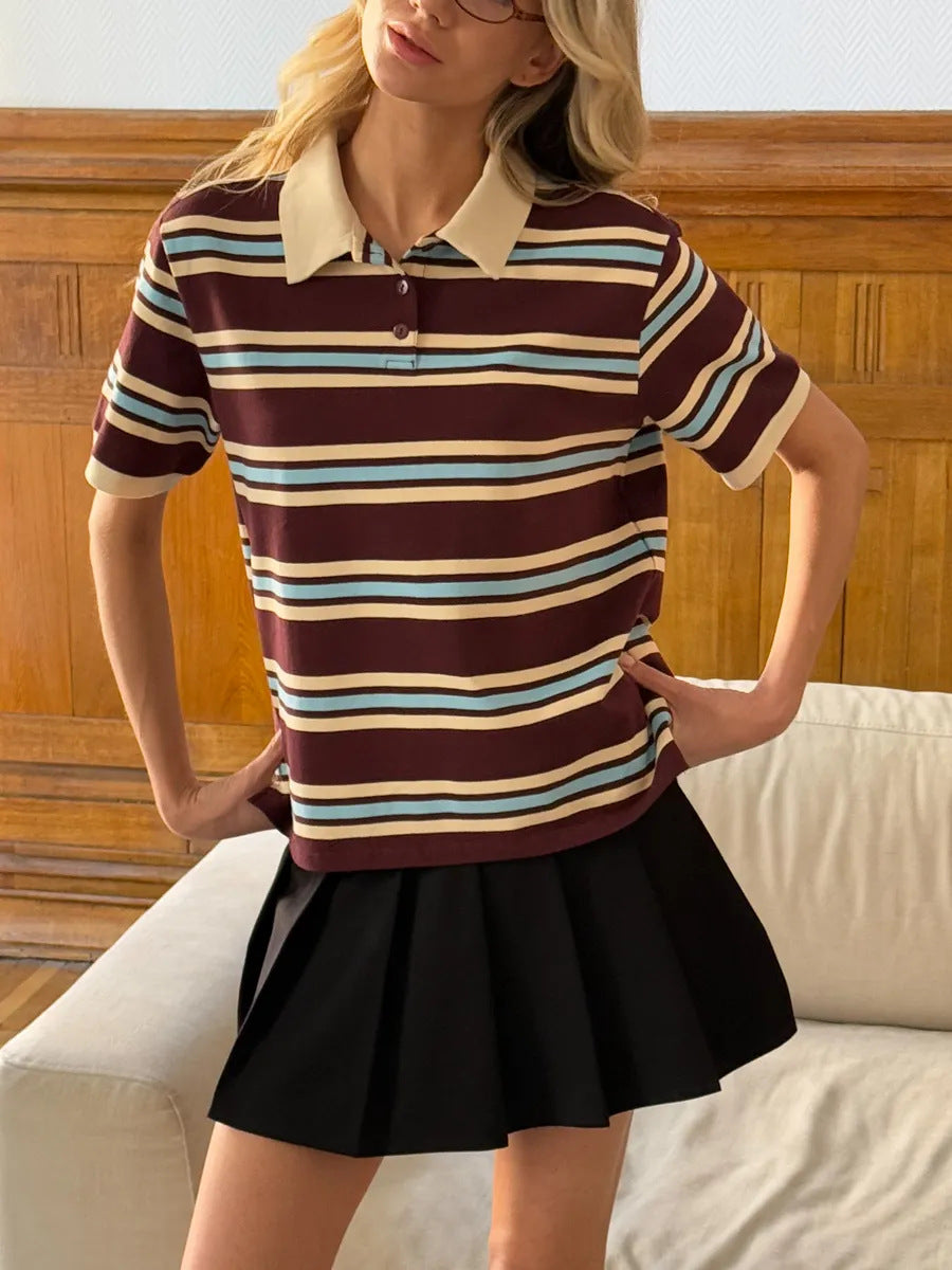 Contrast Stripe Cotton Polo Shirt in Chocolate Stripe — front view on model