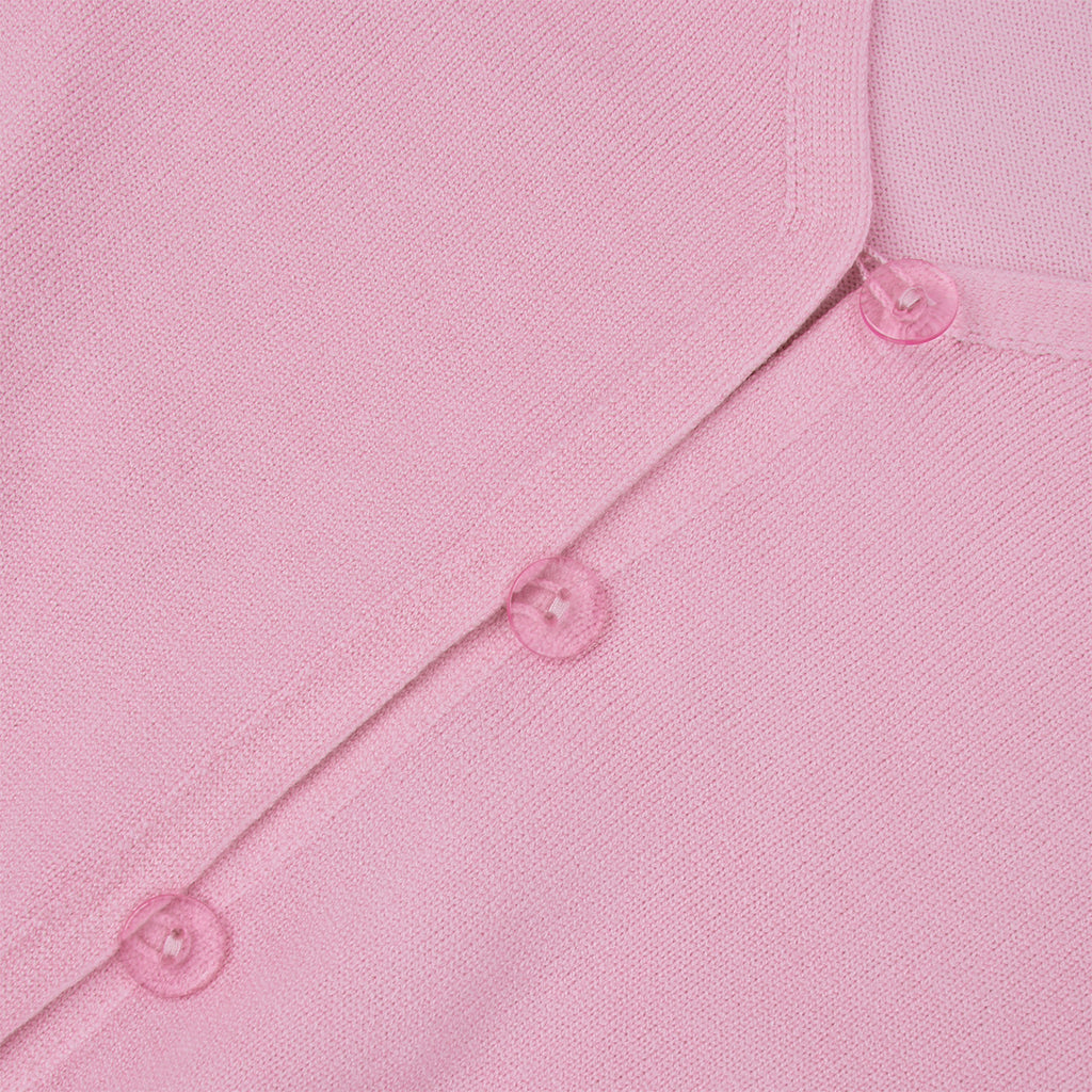 Cropped Button Cardigan & Fold-Over Waist Wide-Leg Knit Pants Set in Blush Pink — close-up of the buttons