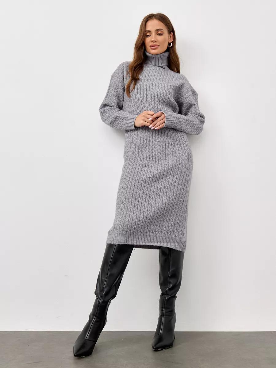 Turtleneck Cable-Knit Midi Sweater Dress in Heather Gray — full-length view on model