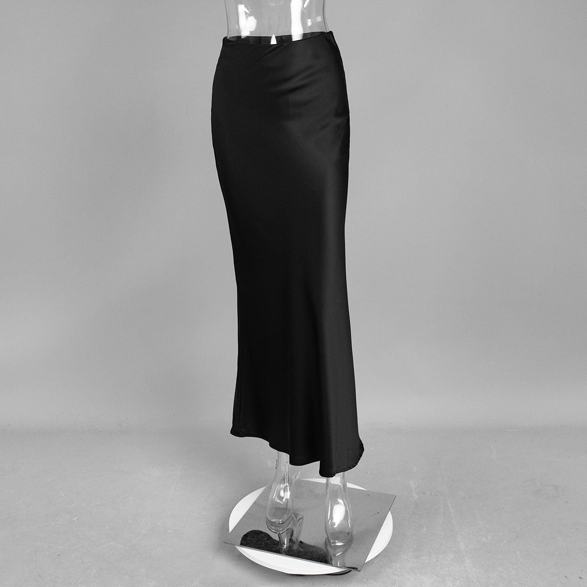 Satin Fishtail Maxi Skirt in Black — front view on mannequin