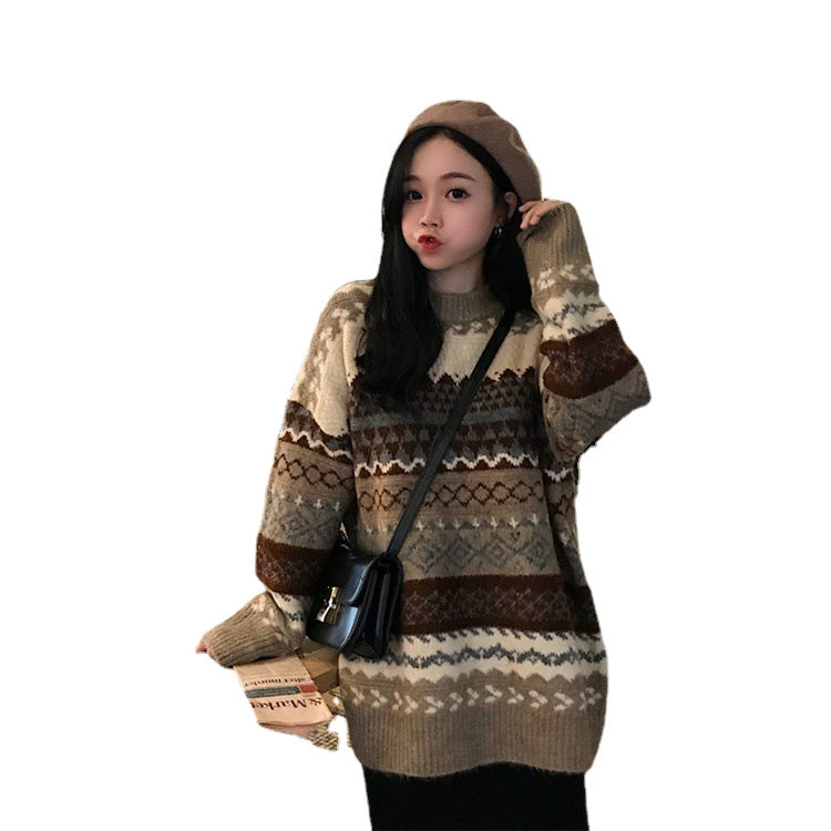 Oversized Fair Isle Crew-Neck Sweater in Charcoal Multi — on model, cut out