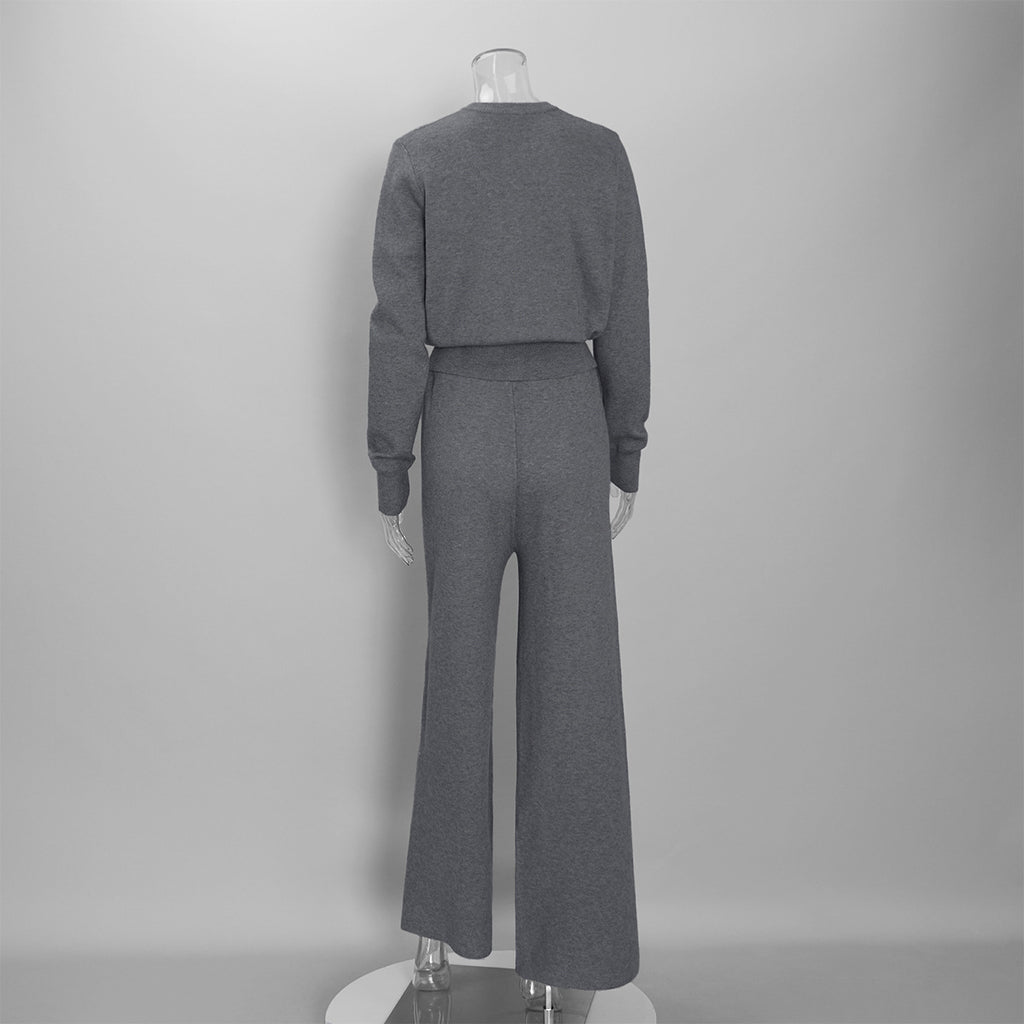 Crew Neck Button Cardigan & Straight-Leg Knit Pants Set in Heather Gray — set back view