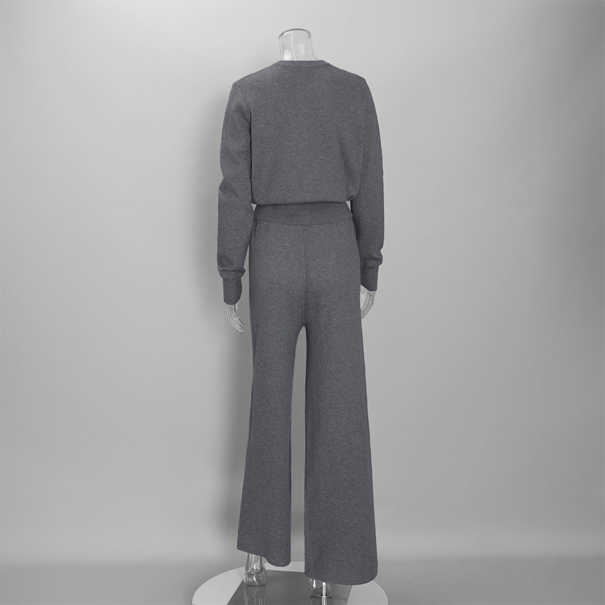 Crew Neck Button Cardigan & Straight-Leg Knit Pants Set in Heather Gray — set back view