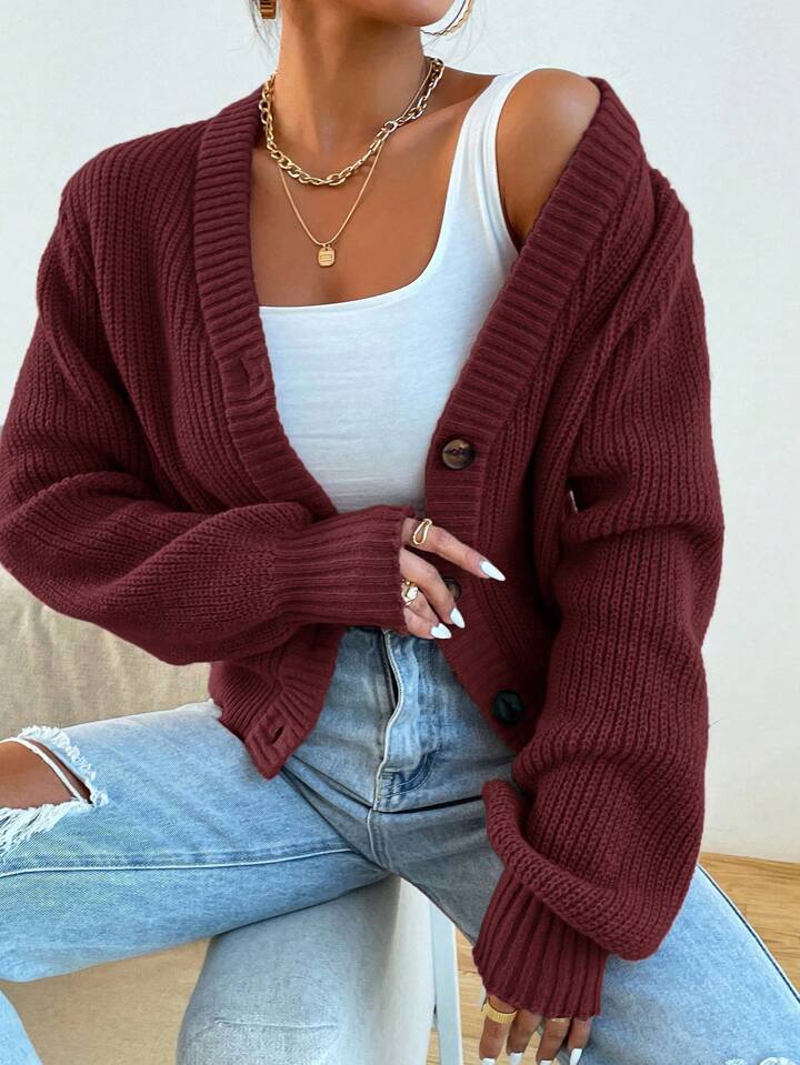 Chunky Ribbed V-Neck Button Cardigan in Burgundy — on model