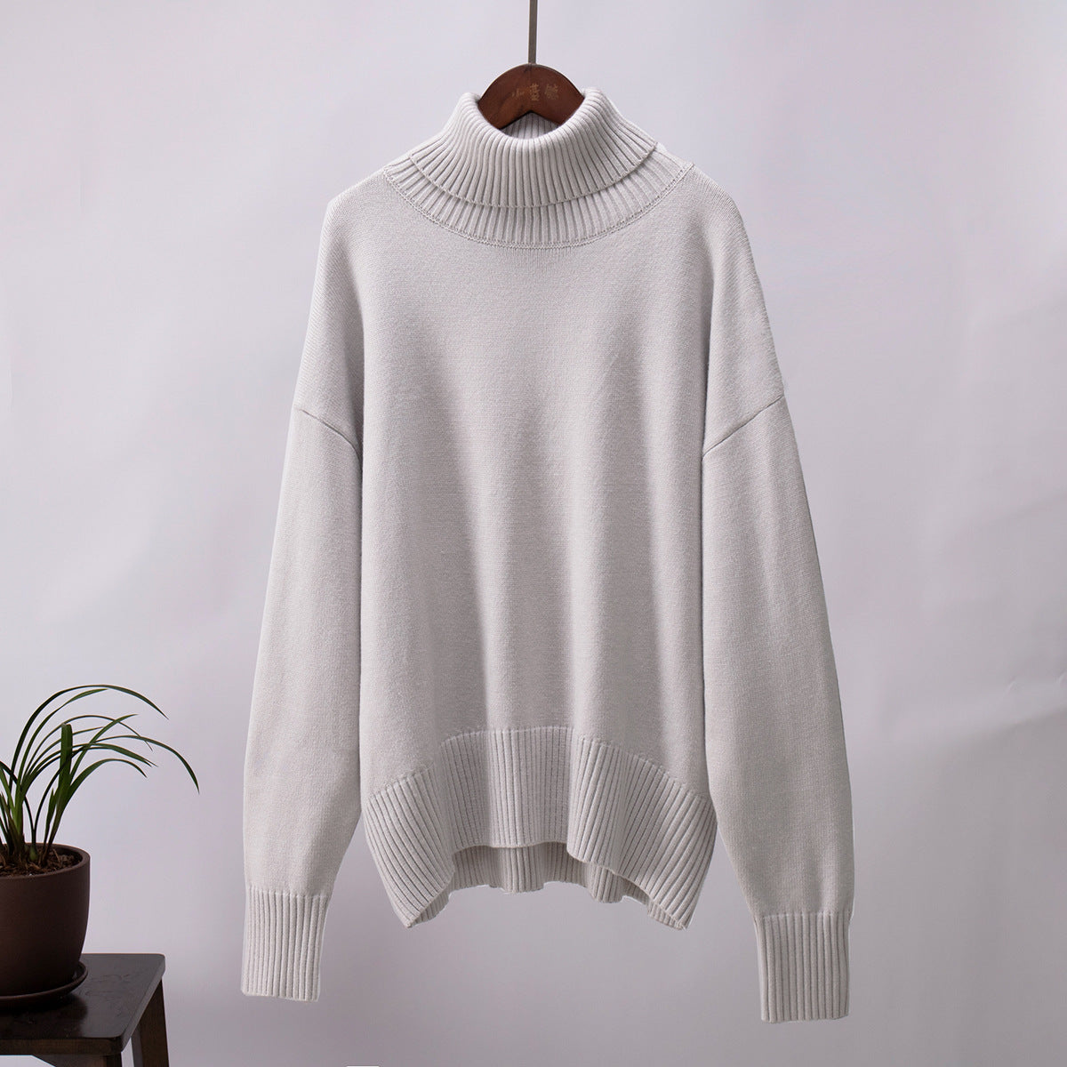 Oversized Knit Turtleneck Sweater in Light Gray — front view