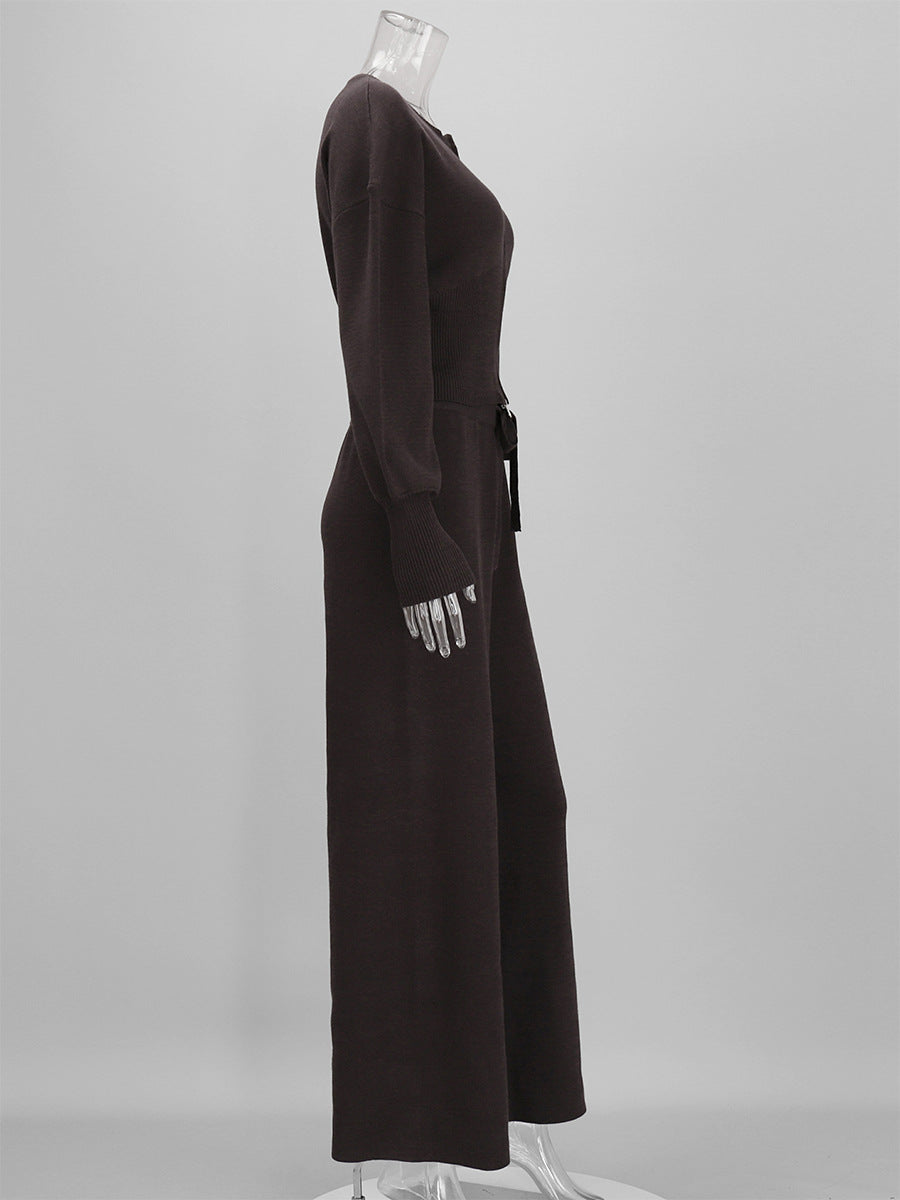Zip-Front Balloon-Sleeve Knit Top & Drawstring Wide-Leg Pants Set in Chocolate — set side view