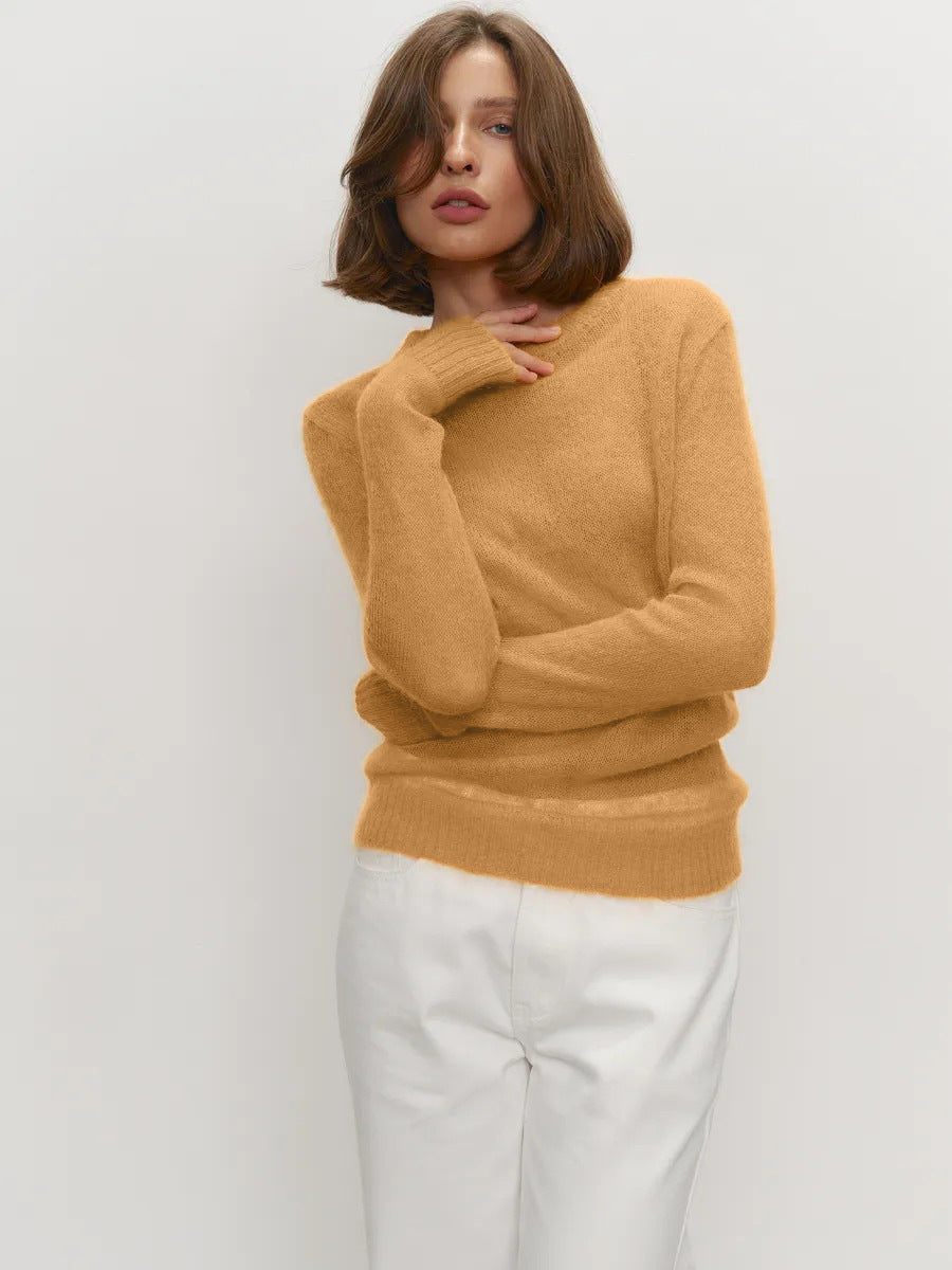 Soft Mohair-Blend Crew Neck Sweater in Yellow — on model