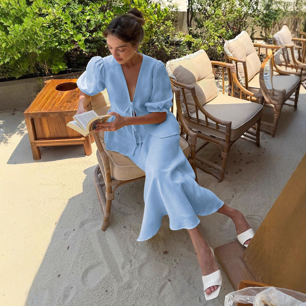 Tie-Front Puff-Sleeve Top & Maxi Skirt Set in Light Blue — seated view on model