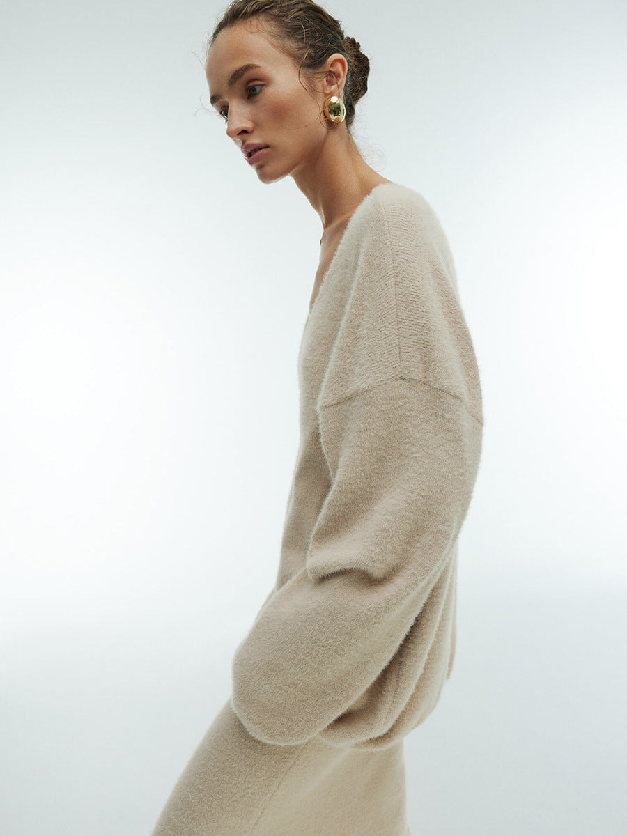 Soft Fuzzy V-Neck Sweater & Knit Maxi Skirt Set in Oat — side view on model