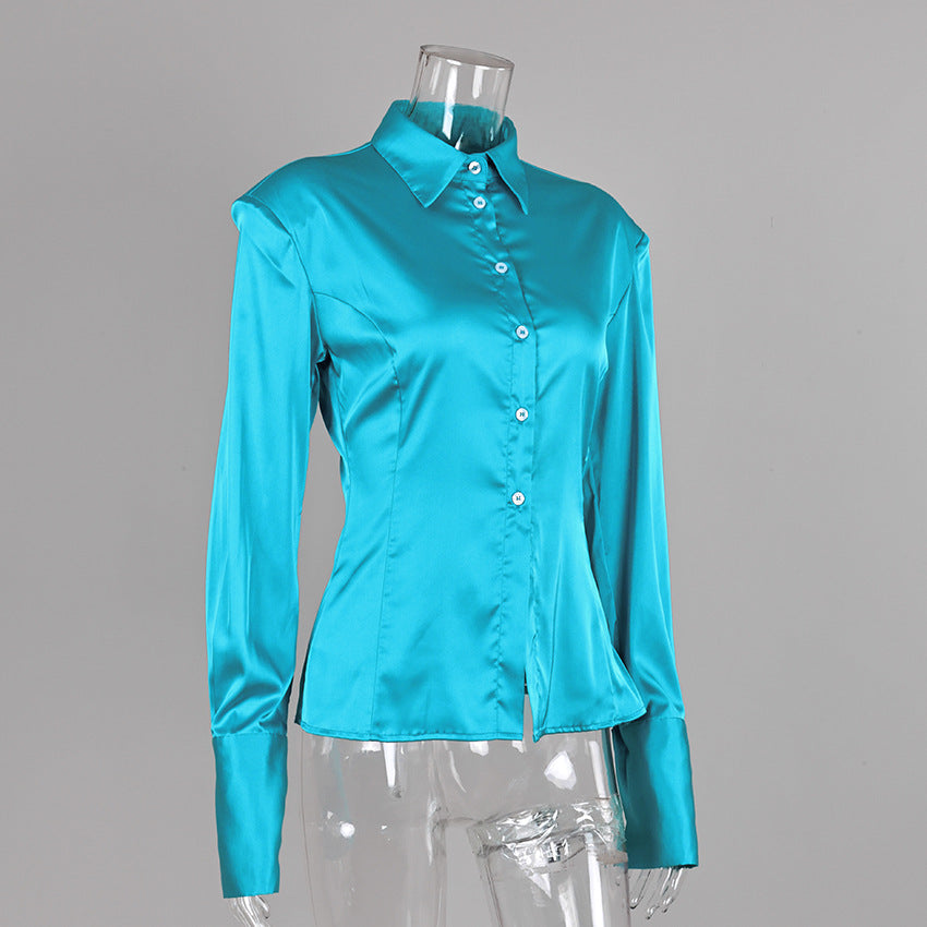 Fitted Stretch Satin Button-Up Shirt in Teal — side view on mannequin