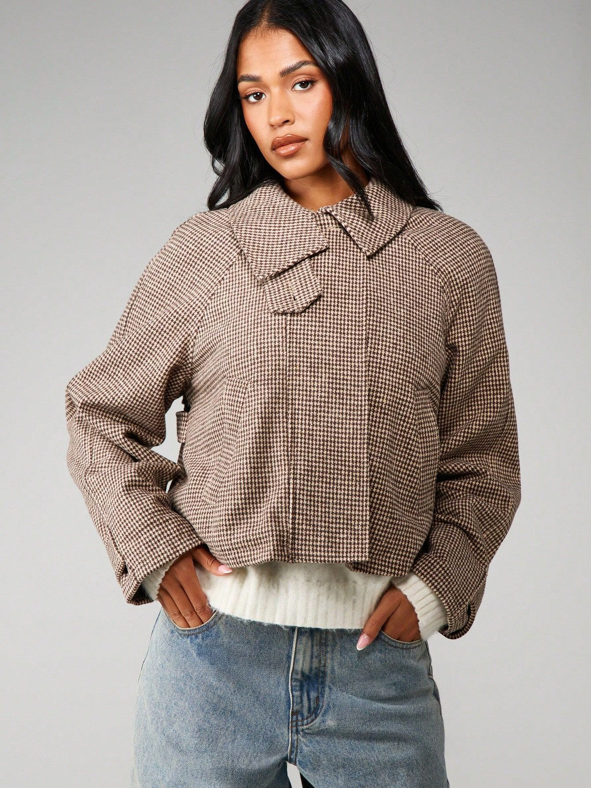 Cropped Houndstooth Jacket with Buttoned High Collar in Brown Houndstooth — front view on model, collar open