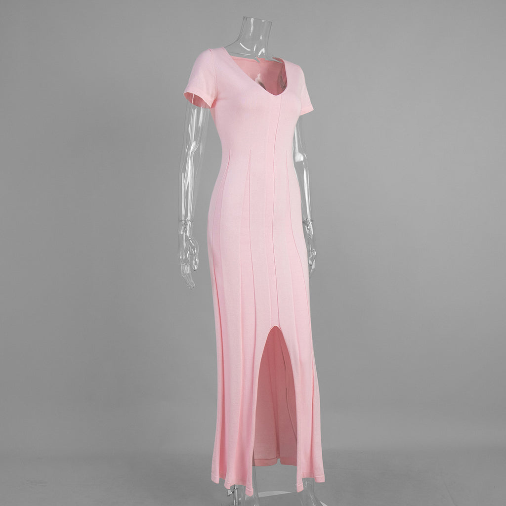 Rib-Knit V-Neck Maxi Dress with Side Slit in Soft Pink — side view on mannequin