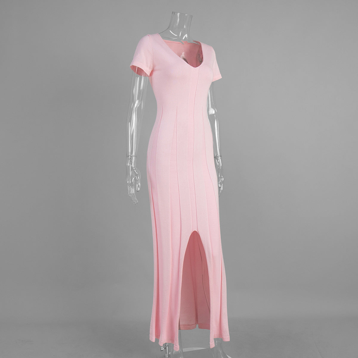 Rib-Knit V-Neck Maxi Dress with Side Slit in Soft Pink — side view on mannequin