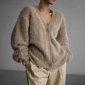 Fuzzy Knit Oversized V-Neck Cardigan in Mocha — front view