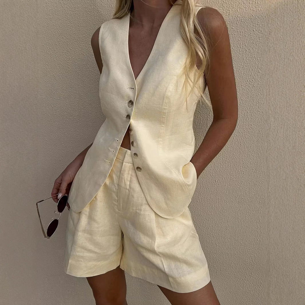 Linen-Blend Vest & Pleated Shorts Set in Butter Cream — front view on model