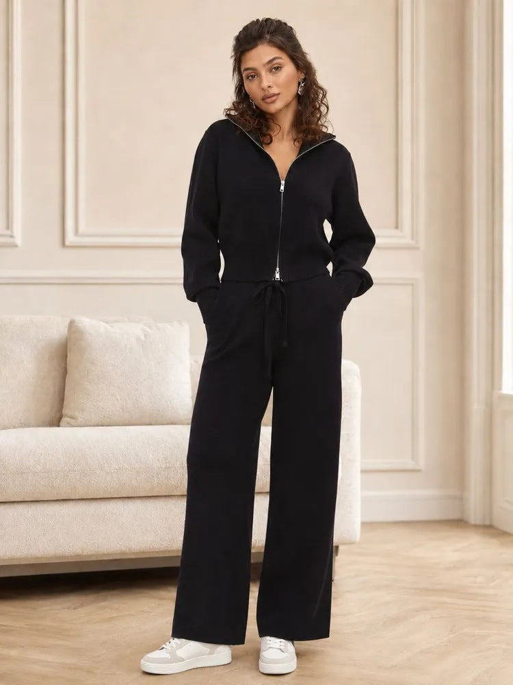 Stand-Collar Zip-Up Knit Sweater & Wide-Leg Pants Set in Black — full-length view on model