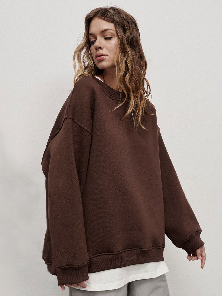 Oversized Heavyweight Crew Neck Sweatshirt in Chocolate Brown — front view on model