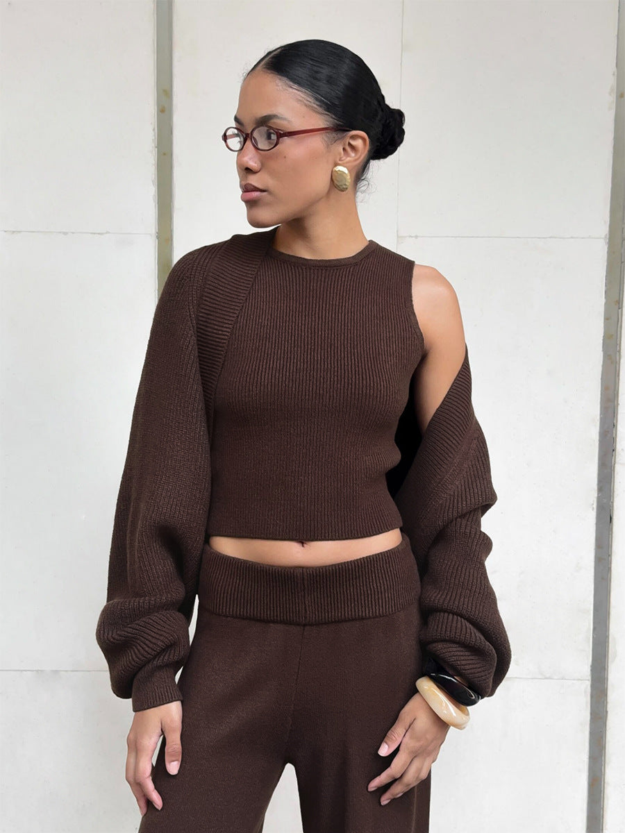 Three-Piece Knit Set: Cropped Tank, Balloon-Sleeve Shrug & Wide-Leg Pants in Chocolate — tank with the shrug slipping off one shoulder