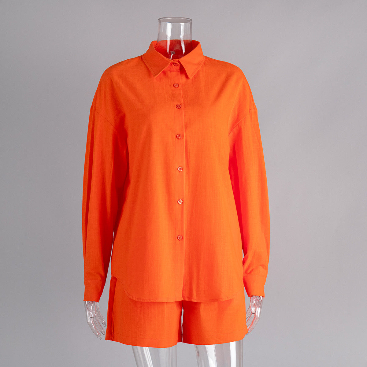 Oversized Cotton Shirt & Elastic-Waist Shorts Set in Orange — set on mannequin