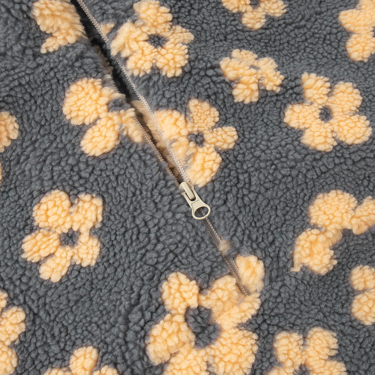 Floral Fleece Half-Zip Pullover Sweatshirt in Charcoal Peach Floral — close-up of half-zip and textured fleece