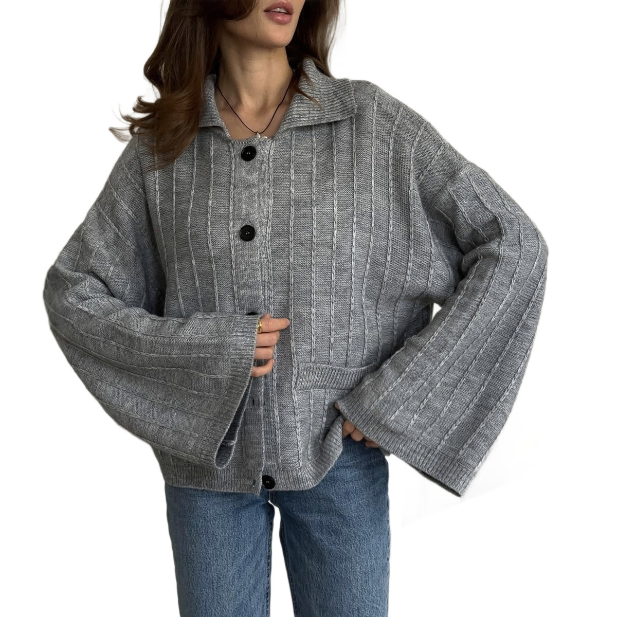 Oversized Collared Button Cardigan with Bell Sleeves in Heather Gray — front view, cut out