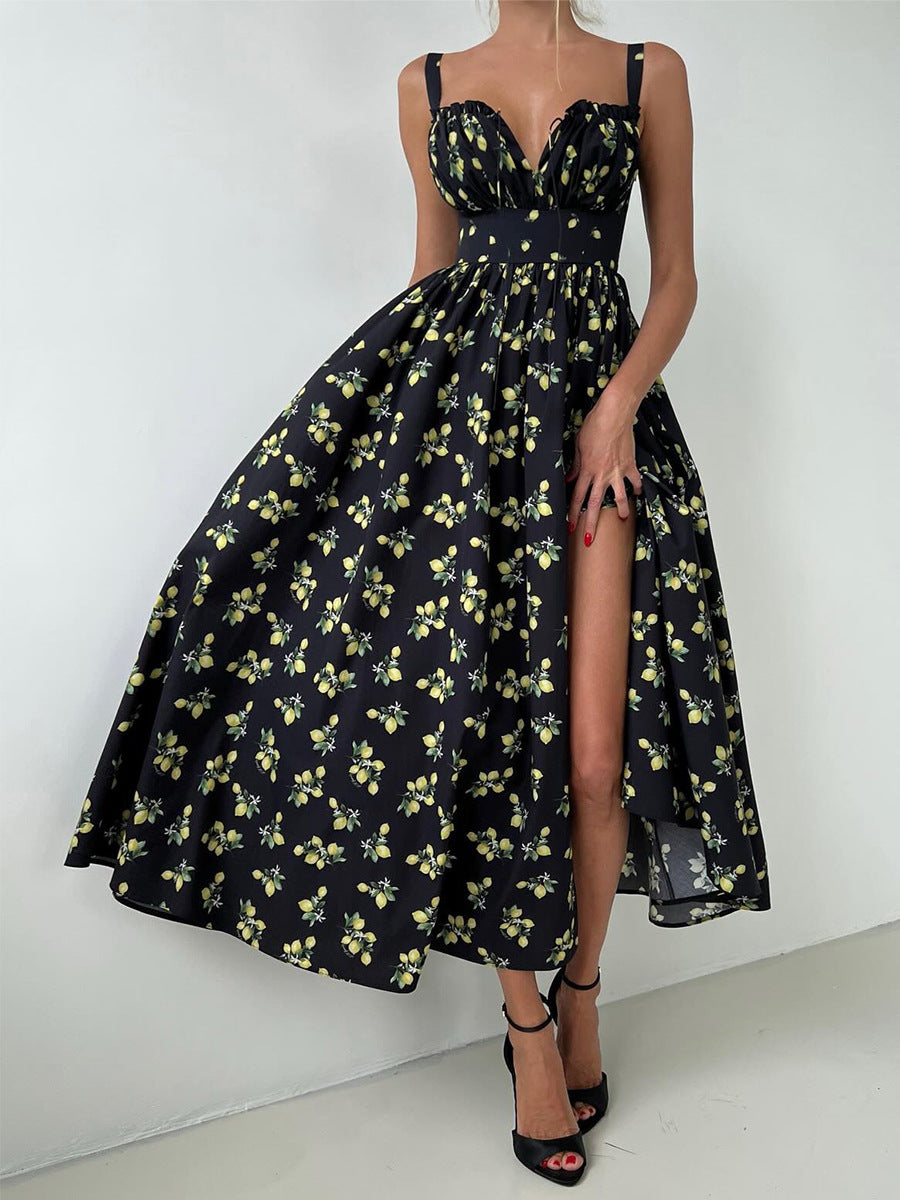 Printed Tie-Strap Maxi Dress with Side Slit in Black Floral — on model walking