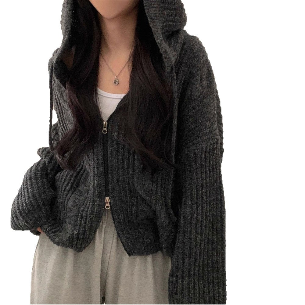Chunky Cable-Knit Hooded Zip Cardigan in Charcoal — on model, cut out
