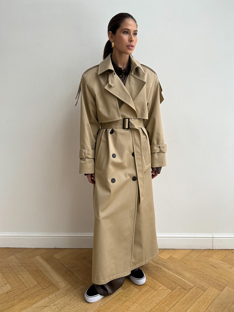 Classic Long Double-Breasted Cotton Trench Coat in Classic Khaki — full length on model